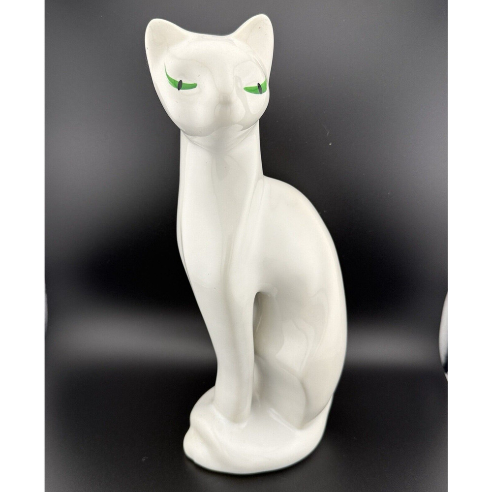 VTG MCM White Porcelain Siamese Cat Figurine with Green Eyes Made in Taiwan 12”